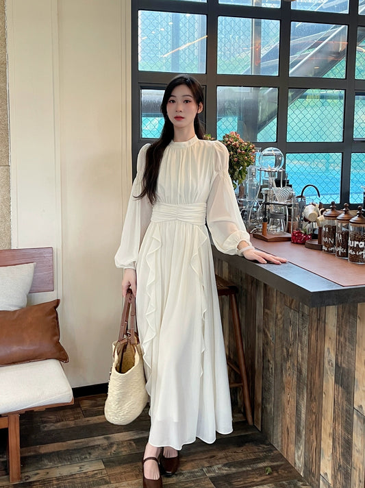 women's long sleeves pleated waist engagement dress celebrity birthday long dress S5469