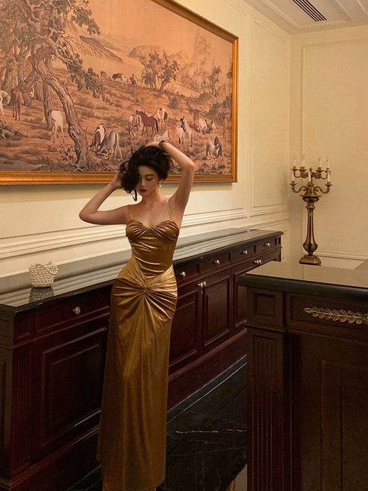 Gold velvet suspender dress for women new evening dress S5478