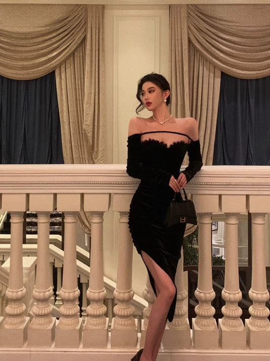 Sexy off-shoulder velvet dress for women new style dress little black dress S5498
