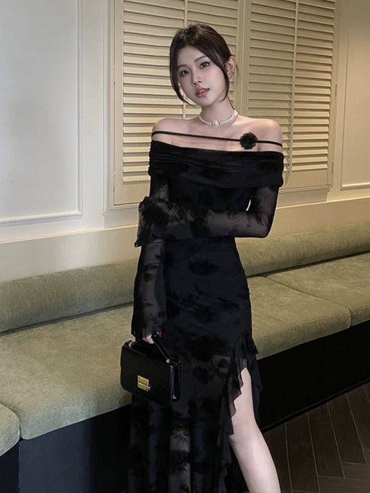 Off shoulder black long sleeve dress women long dress S5459