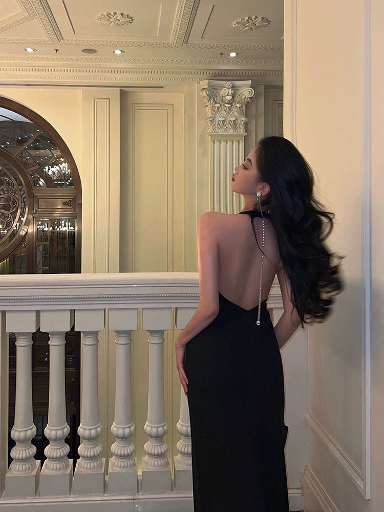 Sexy black halter neck dress new backless slit long dress S5476
