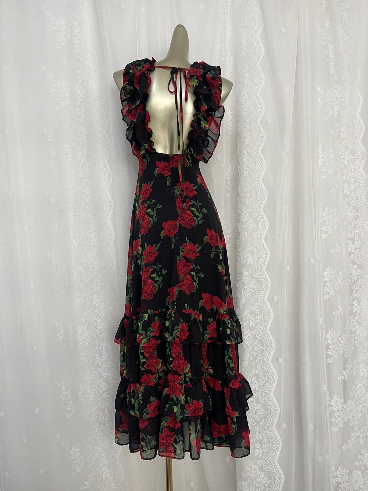 retro red rose V-neck sexy backless travel holiday floral beach dress S5468