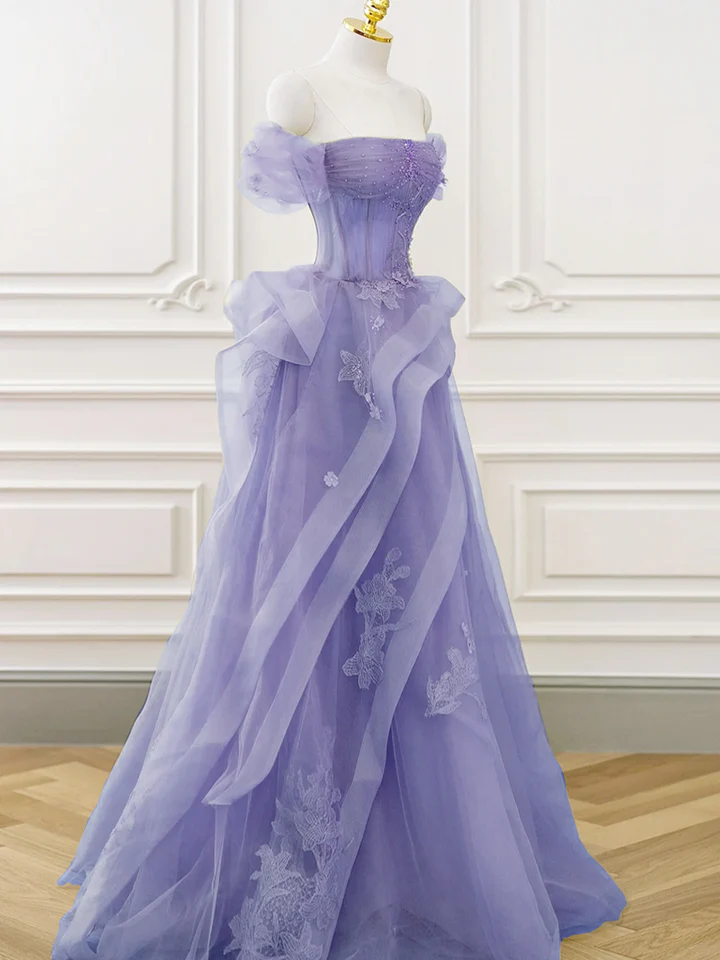 Purple A-line Tulle Off Shoulder Long Prom Dress, Purple Lace Evening Dress