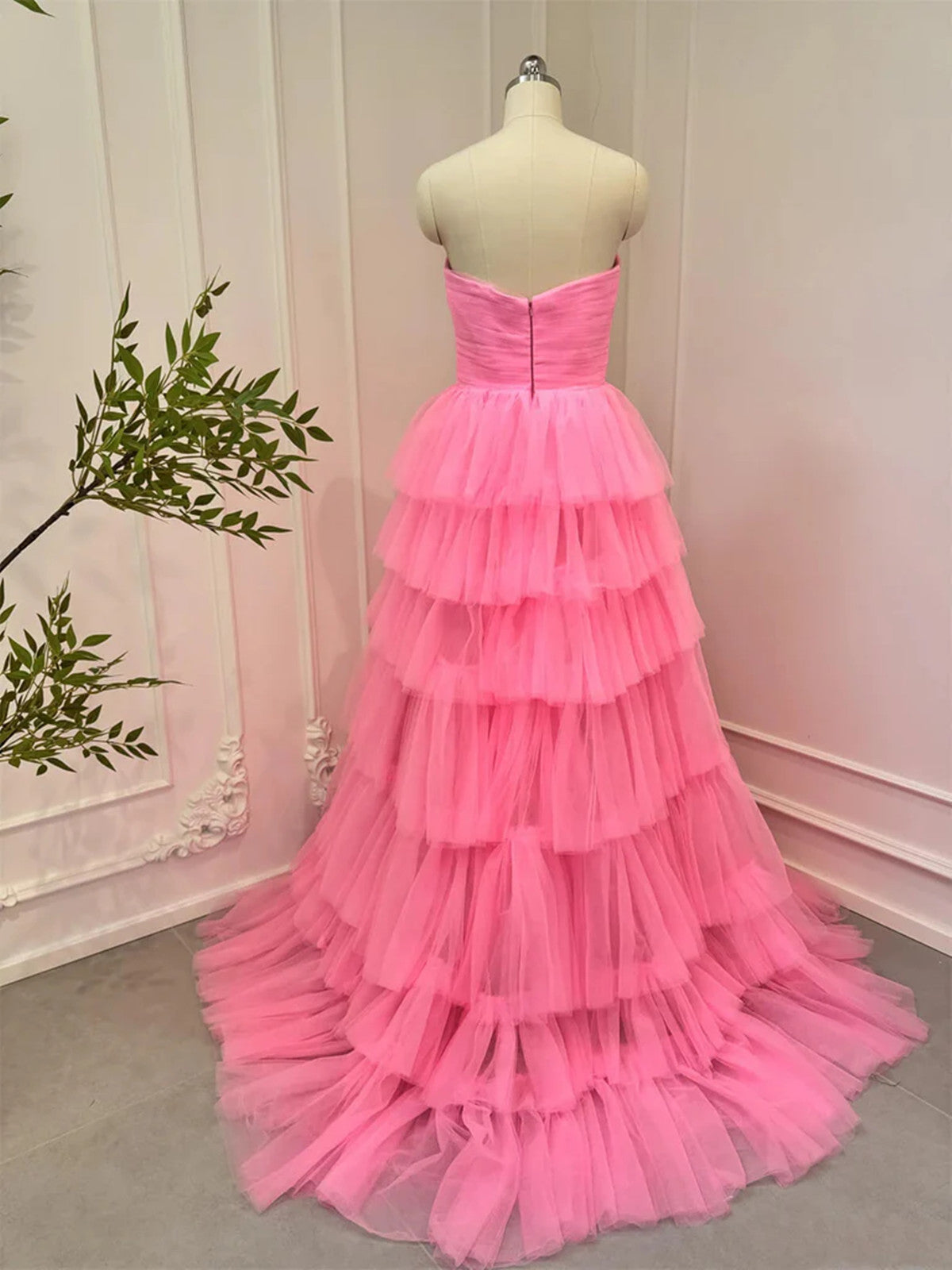 Pink Tulle Layers Long Prom Dress, Strapless Pink Tulle Evening Dress Formal Dress
