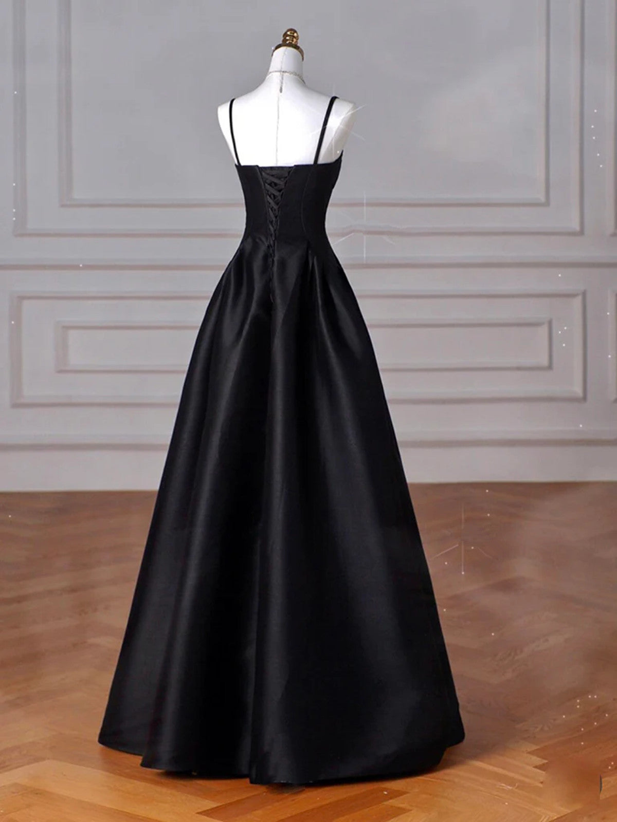 Simple Black A-line Satin Straps Long Party Dress, Black Satin Prom Dress
