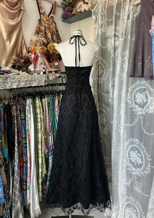 Black Lace V-neckline A-line Halter Party Dress, Black Vintage Style Prom Dress