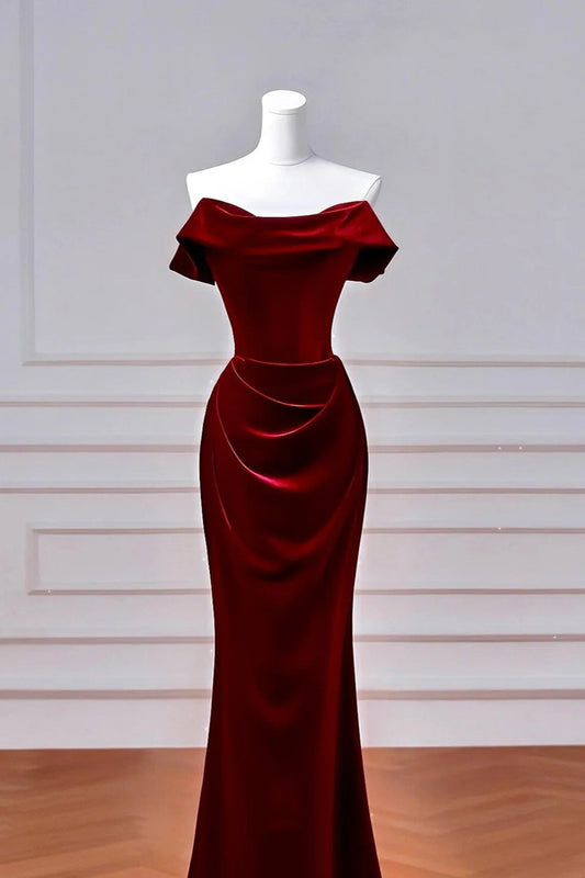 Wine Red Velvet Mermaid Off Shoulder Party Dress, Wine Red Velvet Prom Dress