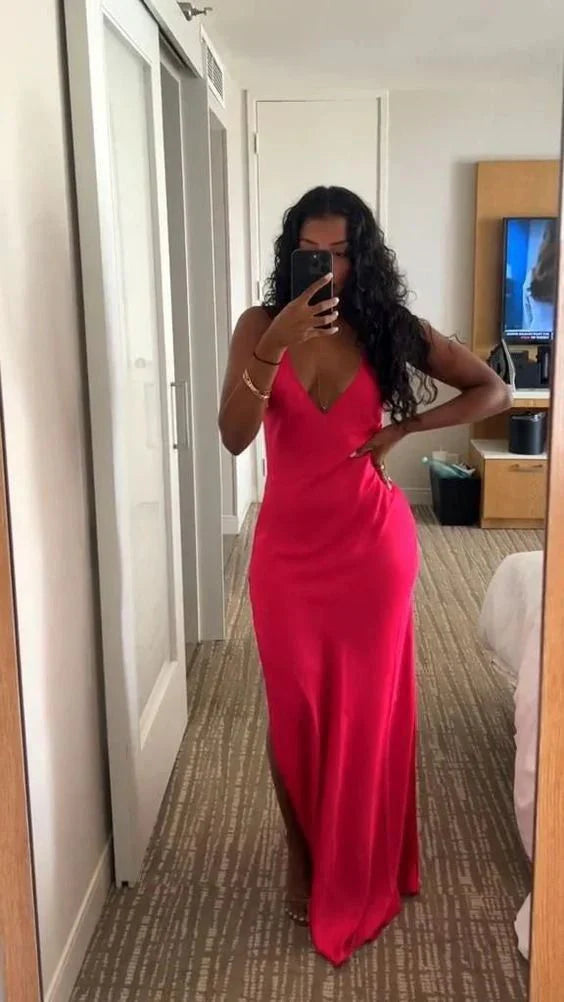 omberprom Elegant Formal Women's Dresses Hot Pink Formal Party Dress V Neck Sheath Long Prom Dress