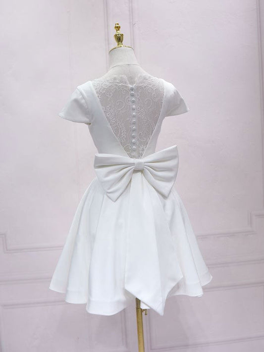 White v neck satin lace short prom dress, white homecoming dress