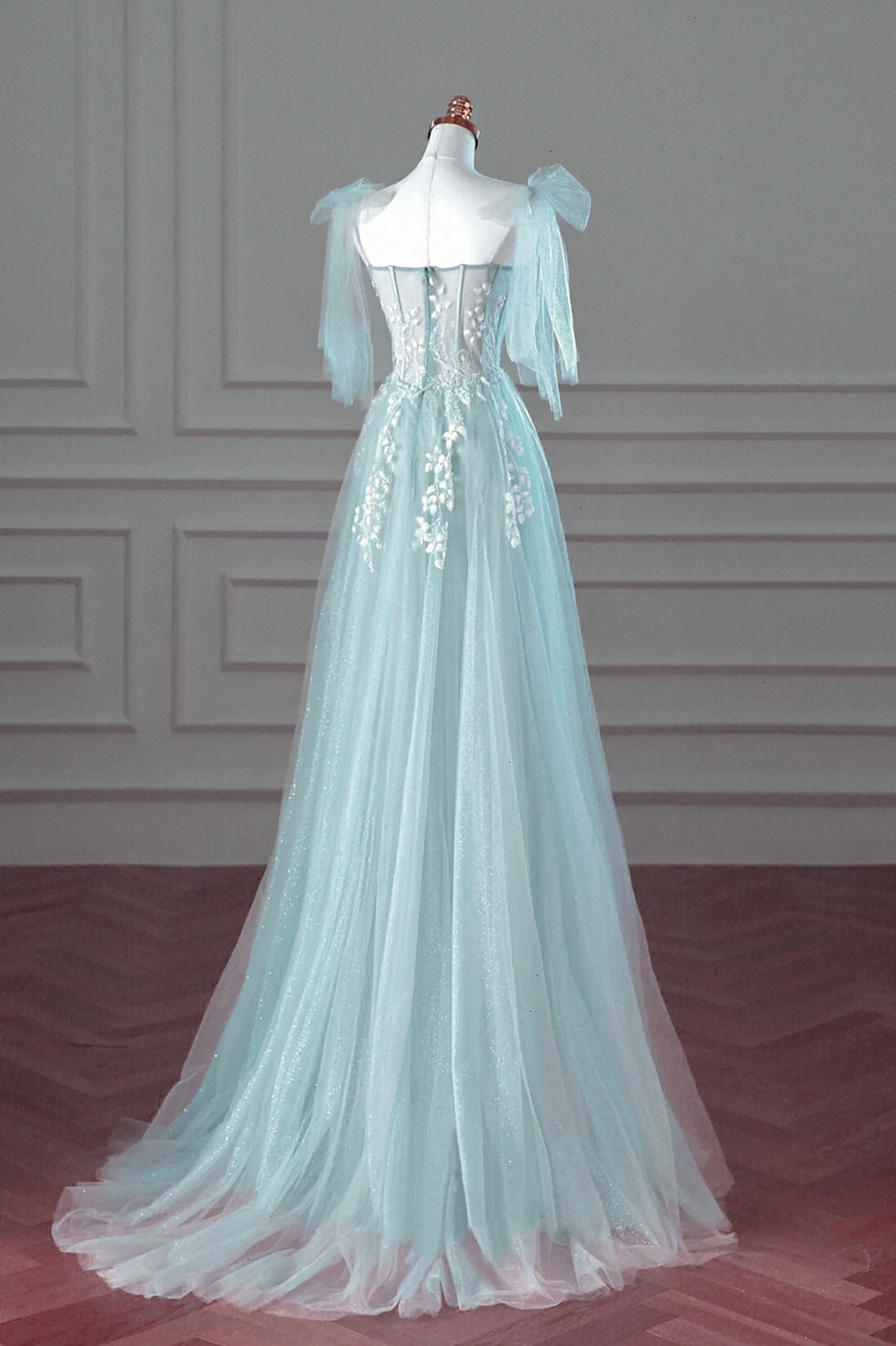 Pretty Mint Blue Tulle with Lace A-line Long Party Dress, Mint Blue Prom Dress Fornal Dress