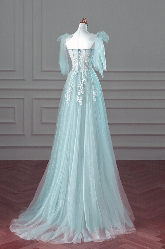 Pretty Mint Blue Tulle with Lace A-line Long Party Dress, Mint Blue Prom Dress Fornal Dress