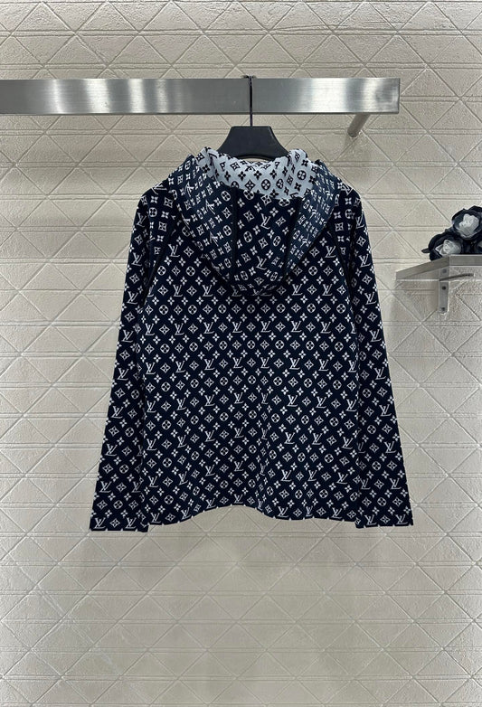 LV25 Patchwork Jacquard Hooded Jacket in Navy Blue Mulberry Silk 294493
