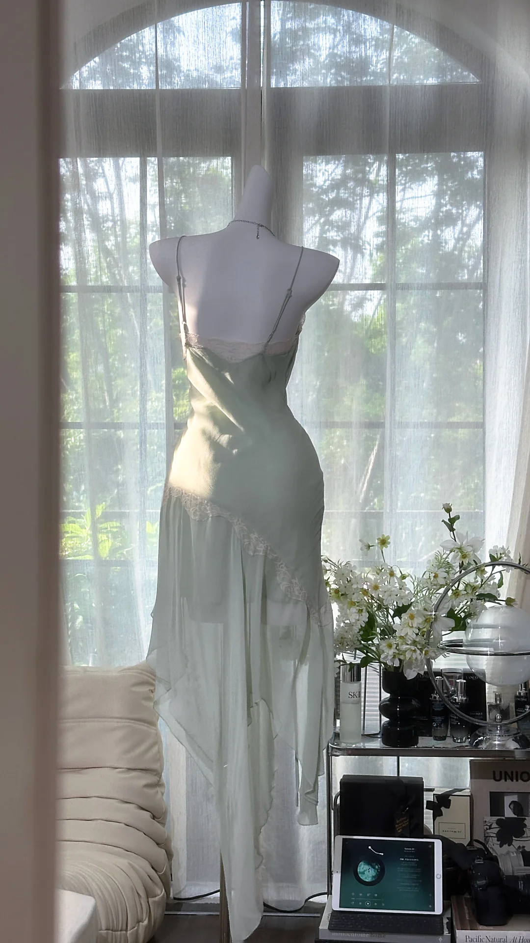Vintage Mint Green Irregular Lace Hem Spaghetti Strap Design Chiffon Prom Dress Evening Dress TP4246