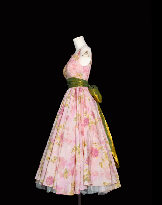 Retro Pink Floral Print A-line Round Neck Bow Waist-Cinching Long Prom Dress P4135
