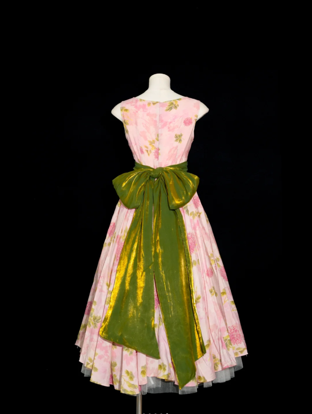 Retro Pink Floral Print A-line Round Neck Bow Waist-Cinching Long Prom Dress P4135
