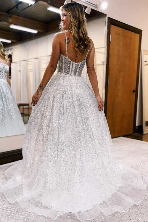 omberprom Fashion Silver Evening Dress Ombre Sequins Princess Straps A-Line Prom Gown