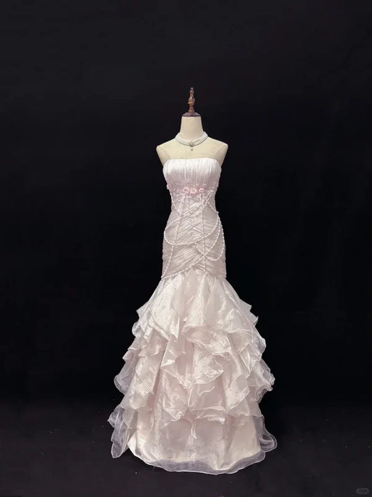 Elegant Light Pink Strapless Chiffon Sweet 16 Quinceanera Mermaid Evening Dress Ball Gown TP4280