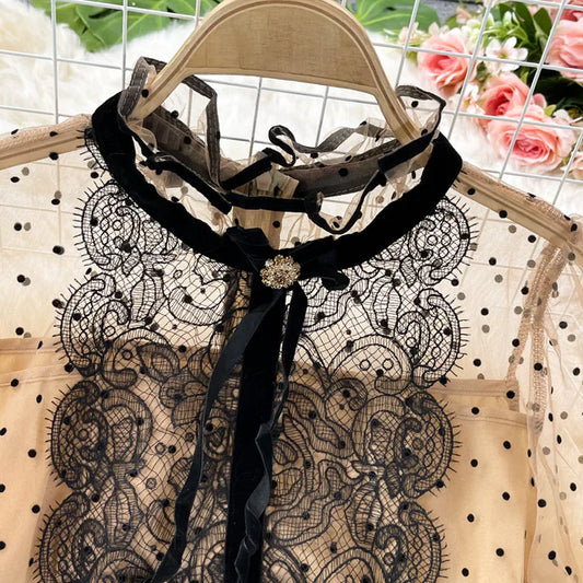Autumn Bowknot Stand Collar Polka Dot Lace A Line Dress S4939