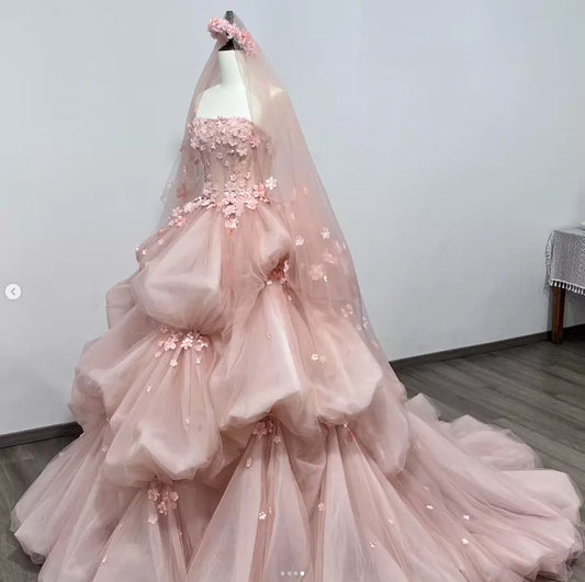 Pink Ruffle Quinceanera Dress 3D Flower Princess Sleeveless Sweet 15 Ball Gown S7202