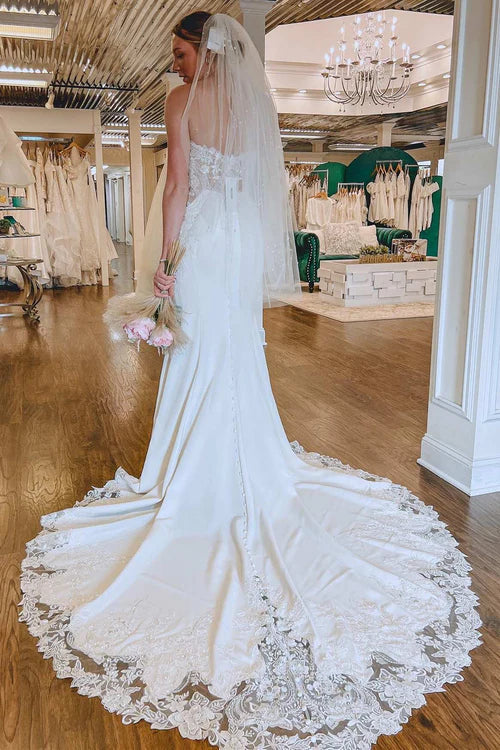 omberprom Elegant Lace Strapless Mermaid Long Wedding Dress