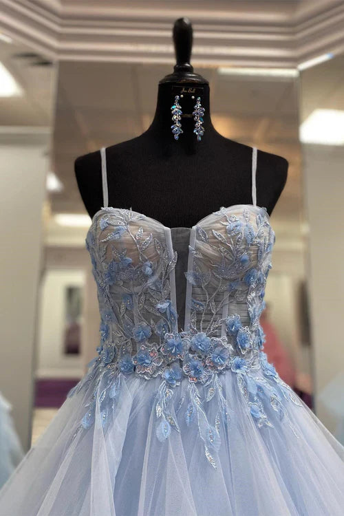 omberprom Blue Wedding Guest Dresses Straps Layers Floral A-line Long Prom Dress