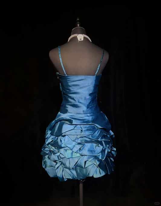 Blue suspender waist slim pleated bud skirt short skirt homecoming dress R4967