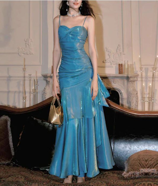 Blue suspender waist slim pleated sexy fishtail skirt dress, prom dress R5429
