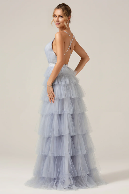 omberprom A-Line Prom Dresses Spaghetti Straps Tiered Long Tulle Maxi Dress Elegant Evening Party Dress