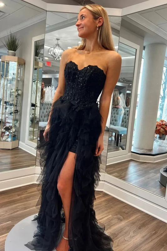 Strapless Black Tulle Ruffle Prom Dress, Black Tulle Long Party Dress with Slit