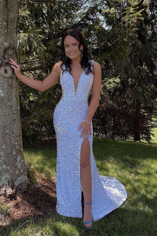 Glitter V-Neck Sequins Mermaid Prom Dress, Backless White Sparkly Evening Gowns Long