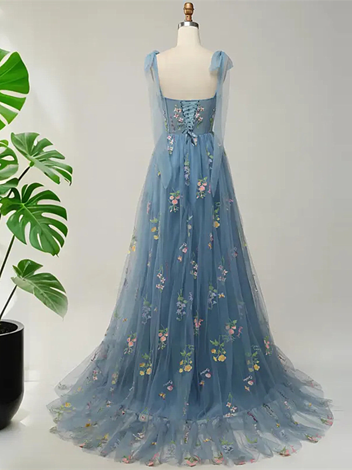 Blue Floral Embroidery Tulle Prom Dress, A-Line Fairy Gown Blue Party Dress