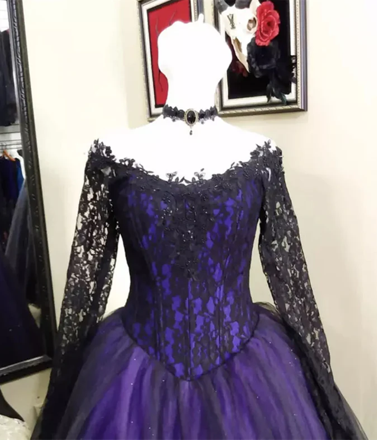 Elegant Black and Purple Lace Long Sleeves Sweet 16 Dress, Black and Purple Prom Dress