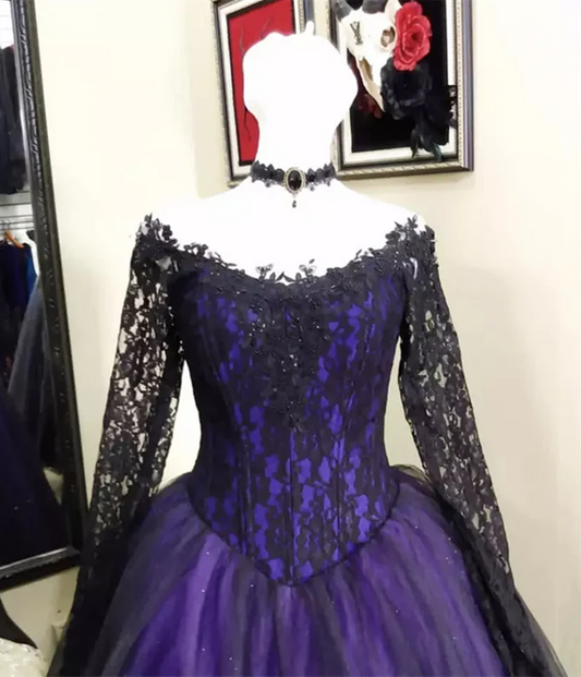Elegant Black and Purple Lace Long Sleeves Sweet 16 Dress, Black and Purple Prom Dress