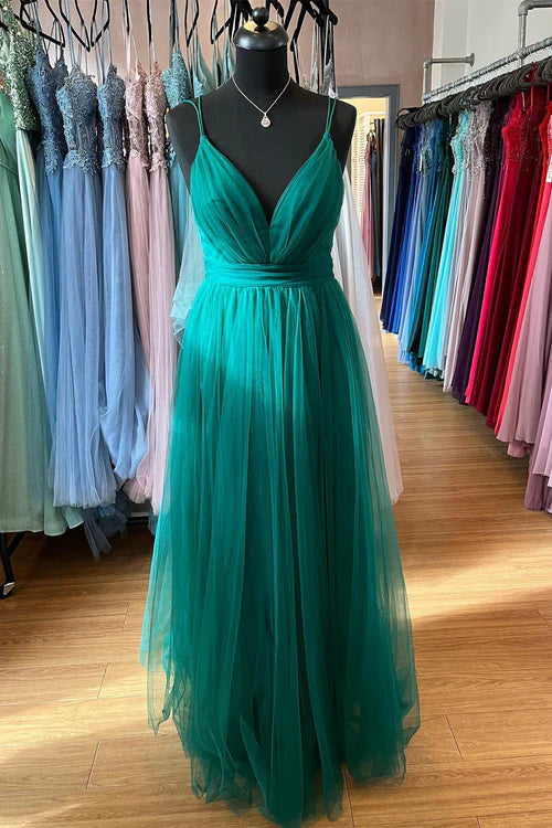 omberprom Elegant Hunter Green A-line Plunging V Neck Double Straps Pleated Long Prom Dress