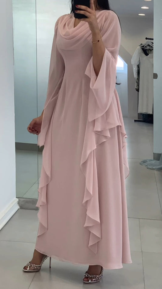 Puff Sleeve Pink Loose Ankle-Length Casual Dress Evening Dress S7007