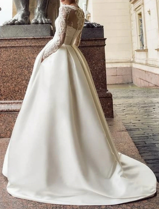 omberprom Engagement Vintage Formal Wedding Dresses Ball Gown Illusion Neck Long Sleeve Court Train Satin Bridal Gowns With Appliques Pocket