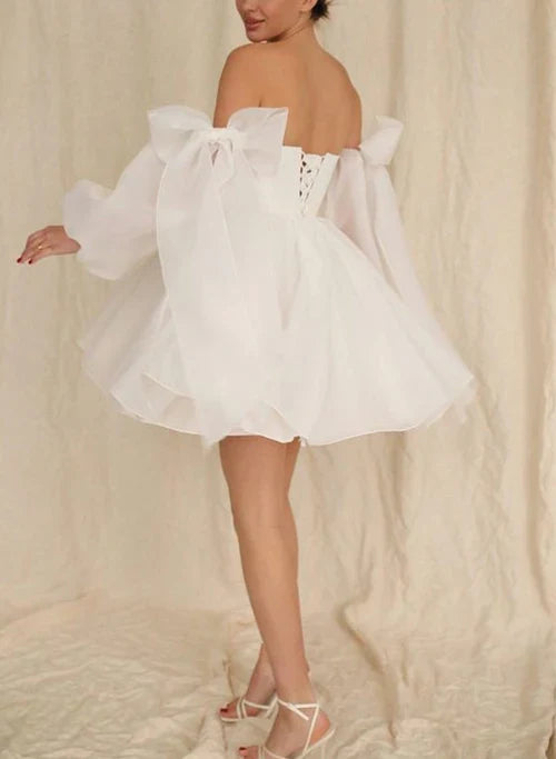 omberprom Elegant A-Line Puff Long Sleeves Short Wedding Dresses With Bows Lovely Homecoming Dresses