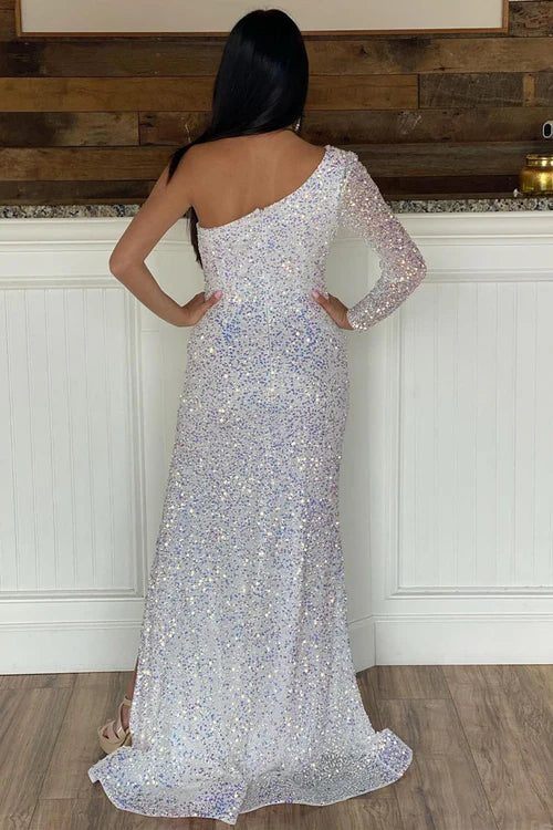 omberprom Fashion One Shoulder Sequins Long Prom Dress with Slit