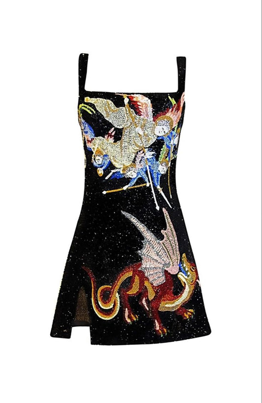 Retro pattern suspenders waist slim sequined short skirt homecoming dress R2828