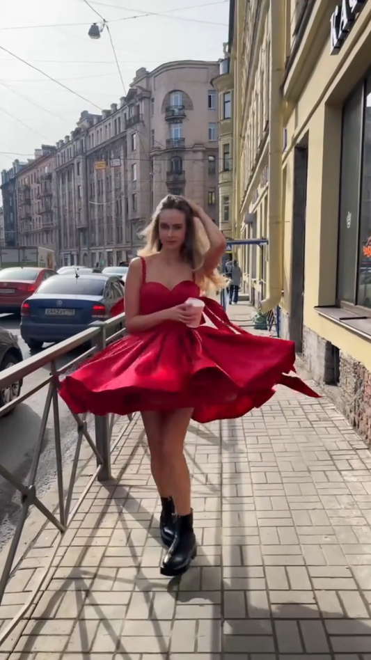 Red suspender waist puffy princess skirt homecoming dress R5591
