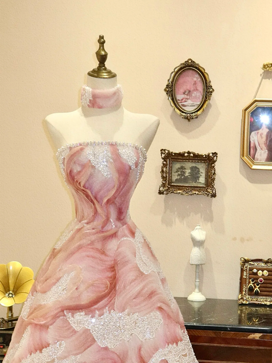 Pink Fairy Strapless Waist-cinching Slim A-line Long Wedding Dress R6582