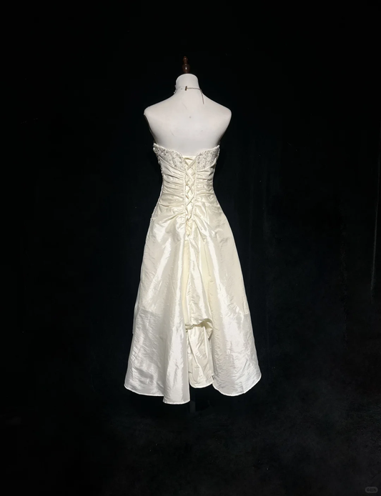 White tube top waist slim design pleated irregular mid-length skirt homecoming dress R4929
