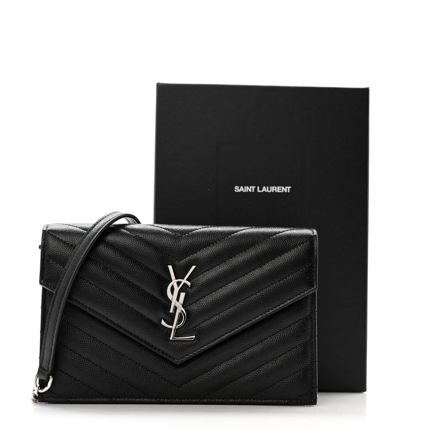 Grain De Poudre Matelasse Chevron Monogram Envelope Chain Wallet Black