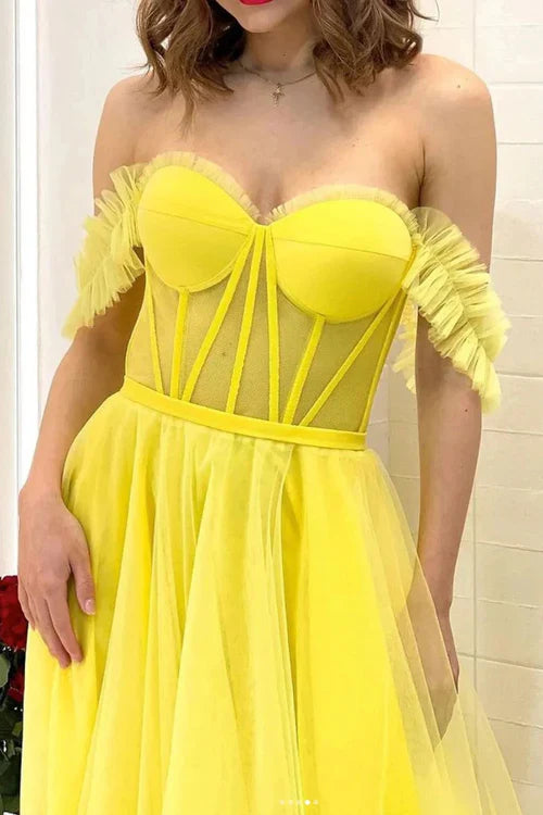 omberprom Elegant A Line Off the Shoulder Yellow Long Prom Dress Evening Dress