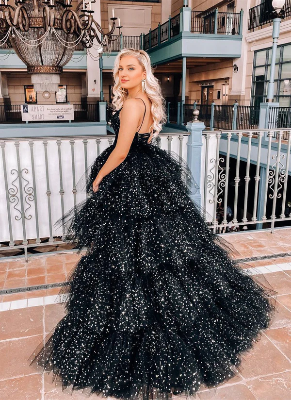 omberprom A Line Evening Dress Spaghetti Straps Tiered Tulle High Low Prom Dress
