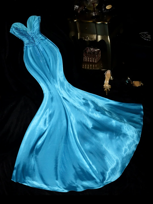 Blue strapless, fitted, bodycon mermaid long ball gown R7022