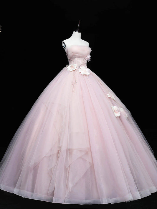 Lovely Pink Tulle Ball Gown Long Formal Dress, Pink Flowers Long Sweet 16 Dress