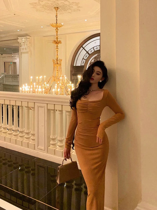 Classy Mermaid Square neckline Orange Prom Dresses Birthday Outfits Evening Gown