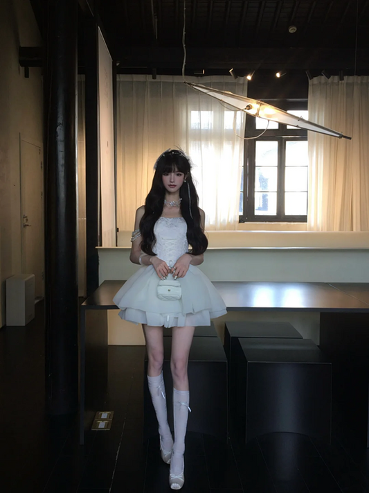 White tube top waist slim fit puffy princess skirt homecoming dress R5091