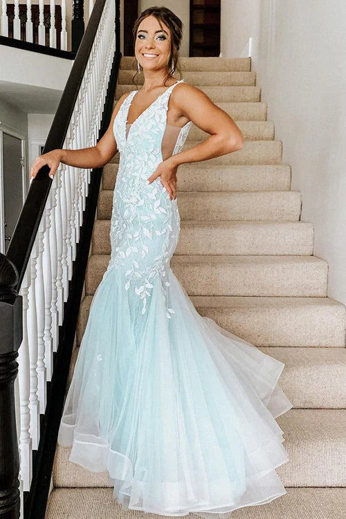 omberprom Trumpet Evening Dress V-Neck Mint Green Appliqued Porm Dress